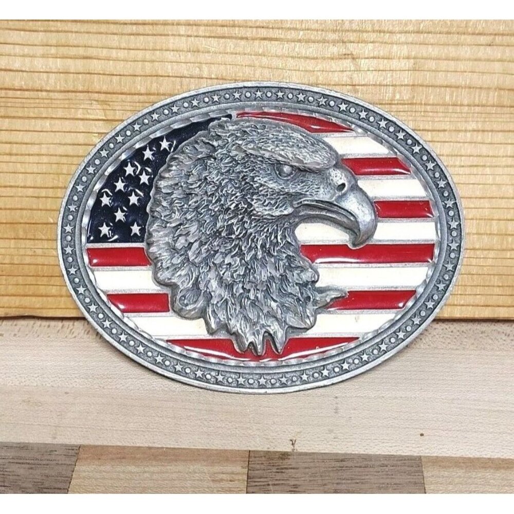 Vintage Bald Eagle Head American Flag Mens Belt Buckle LEGENDS WEST EJC 2002 USA